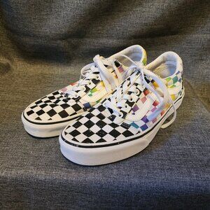 Women's Size 8 Vans 500714 Black/White Rainbow Checkered Lace Up Skate Shoes